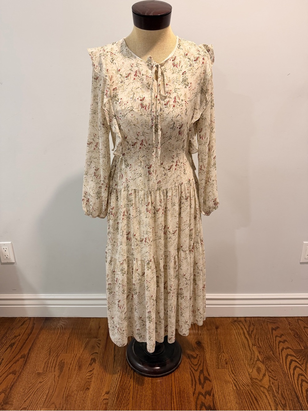 Sugar Cream Floral Tie-Neck Long Sleeve Midi Dress